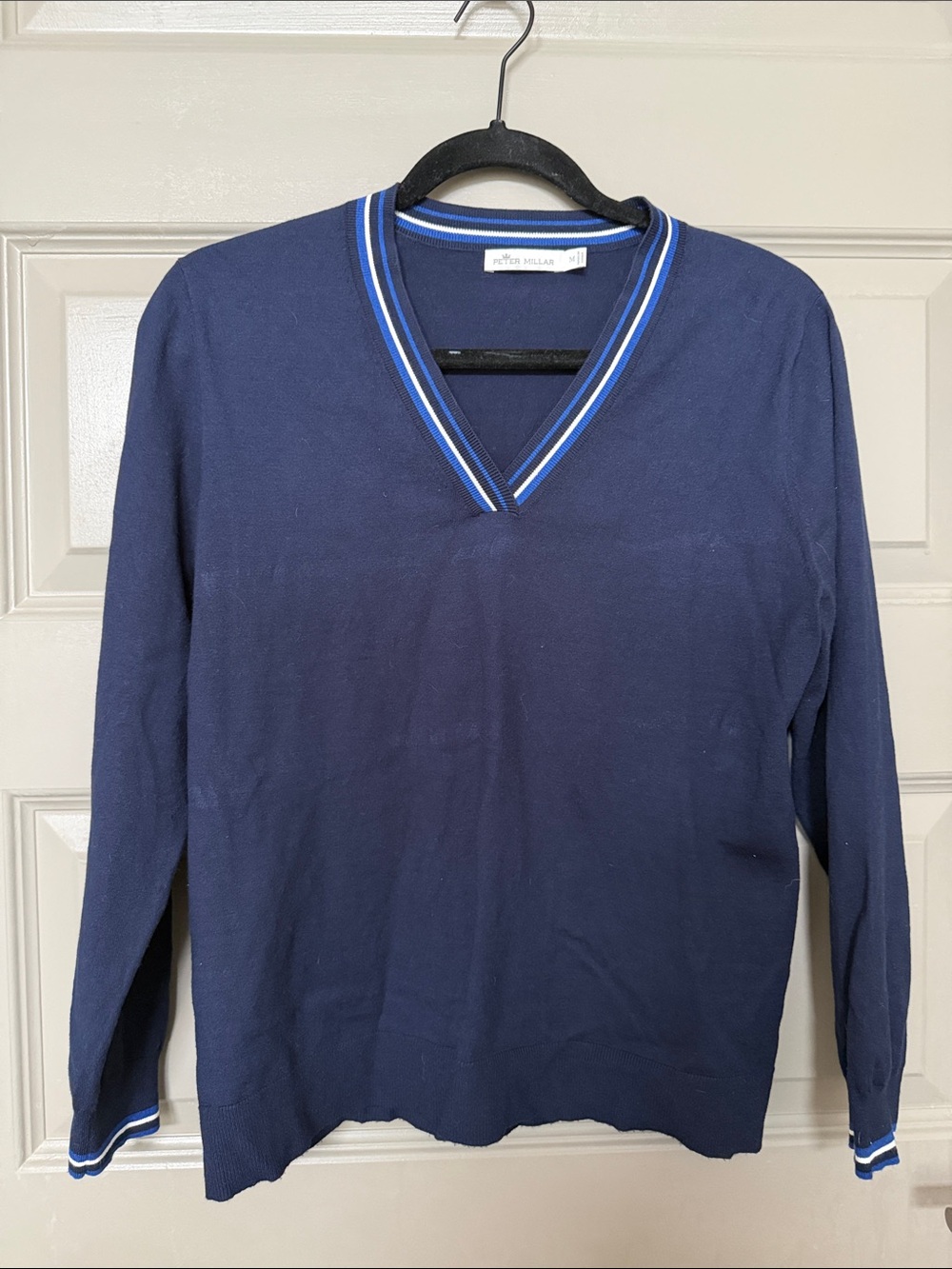 Peter Millar Navy V-Neck Sweater with Blue and White Stripe Trim